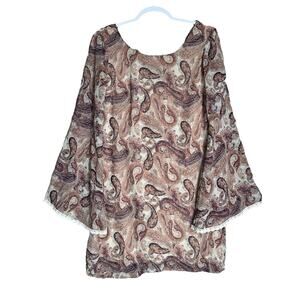 Y2K Indie Boho Womens Paisley Tunic Mini Dress Sz L Flowy Lace Trim Bell Sleeve